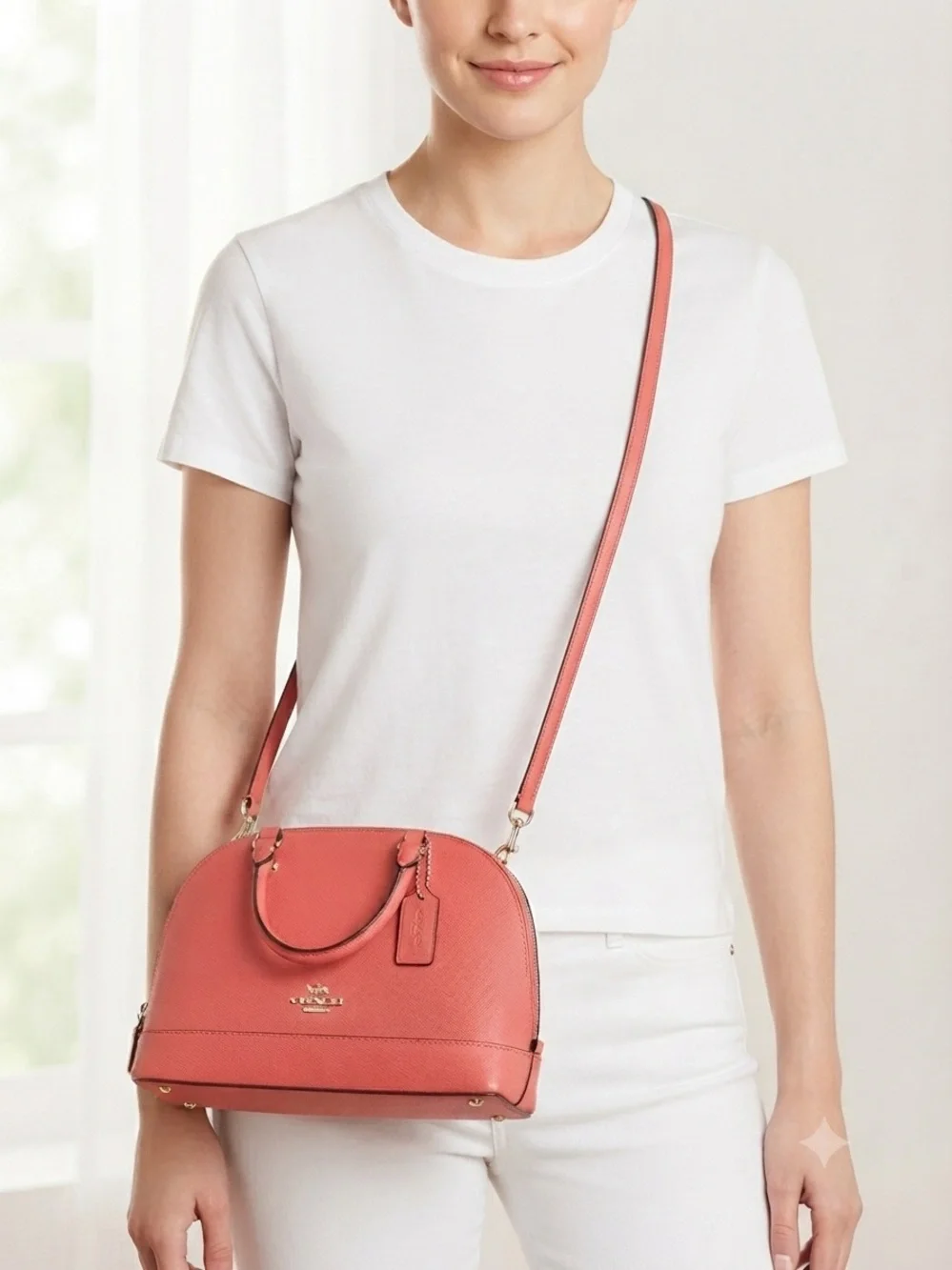 Coach Sierra Mini Satchel/Crossbody Bright Coral Pink Crossgrain Leather